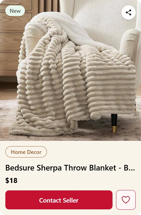 A CMUsed listing card: a photo of a sherpa throw blanket with a New tag and a share button, the Home Decor category, the name and $18 price, and Contact Seller and save buttons