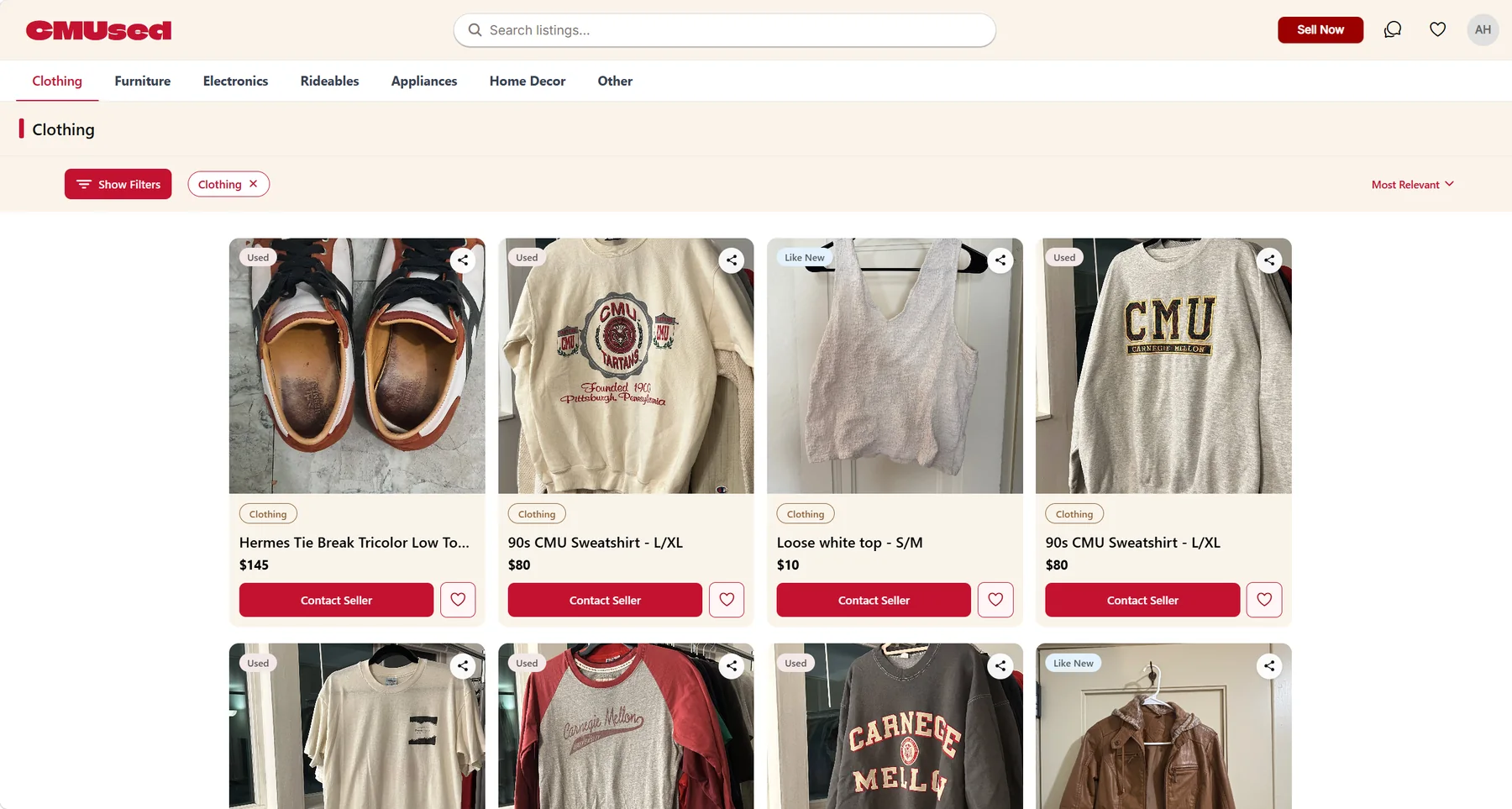 CMUsed clothing category with filters and listing cards