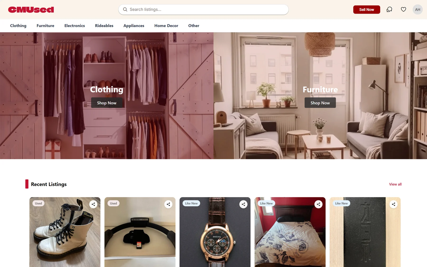 CMUsed home page: category banners for clothing and furniture, then recent listings