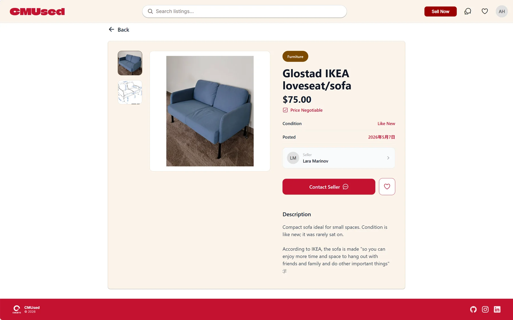 CMUsed listing page: photos, price, condition, the seller and a Contact Seller button