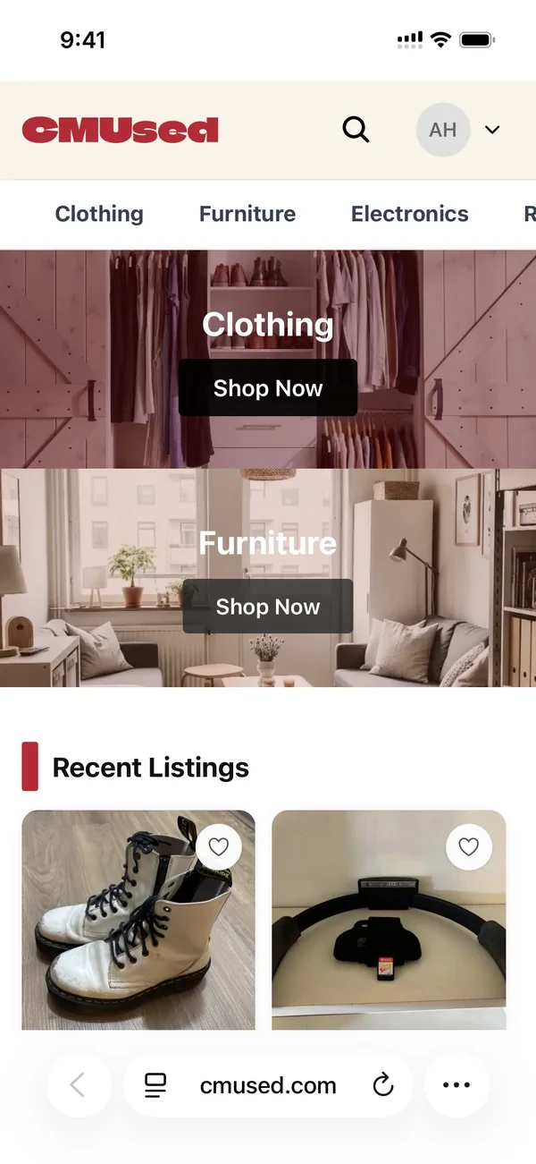 CMUsed on a phone: the home page with Clothing and Furniture banners stacked, then recent listings two to a row