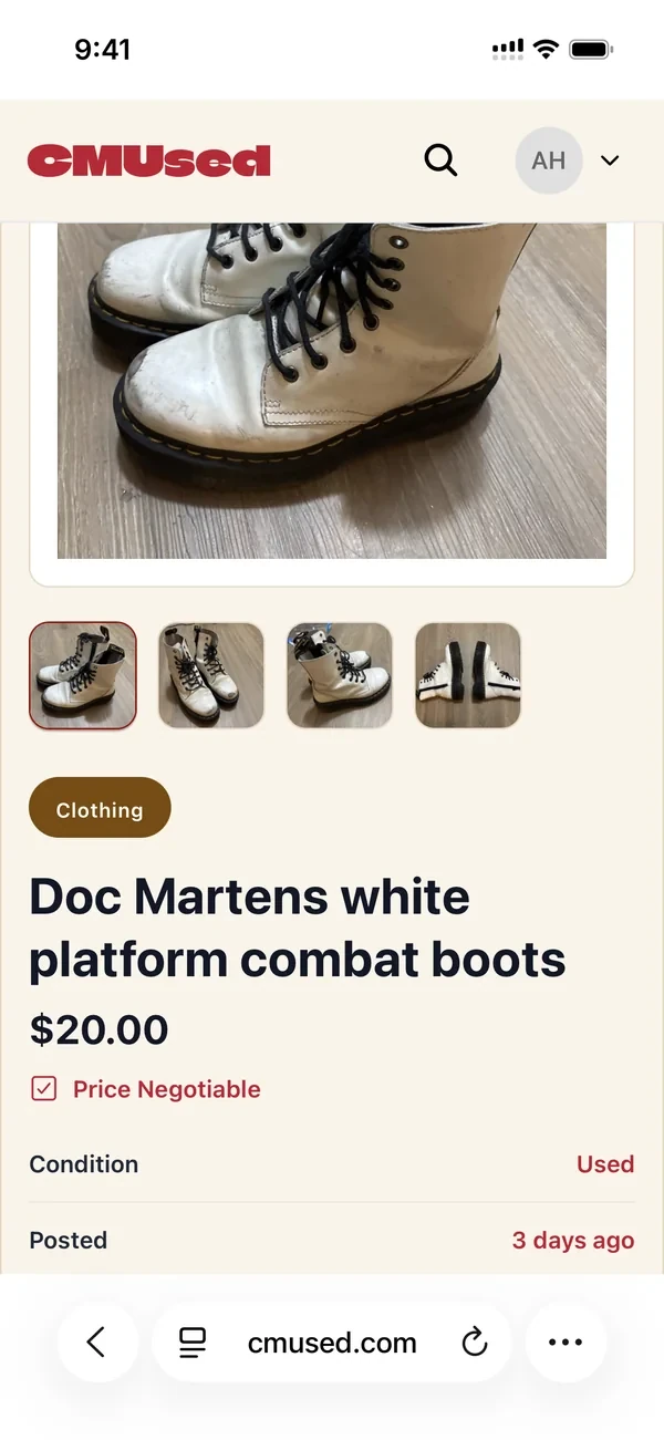 CMUsed on a phone: a listing for white platform combat boots with photos, price, condition and when it was posted