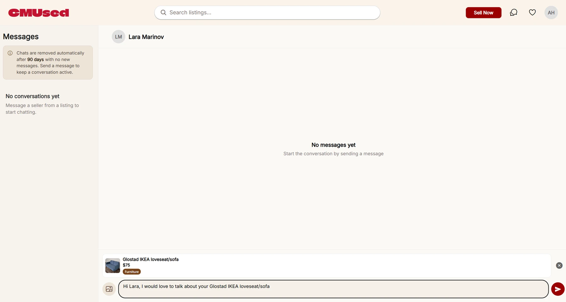 CMUsed messages: a new chat with the seller, the Glostad IKEA loveseat listing attached and a first message ready to send