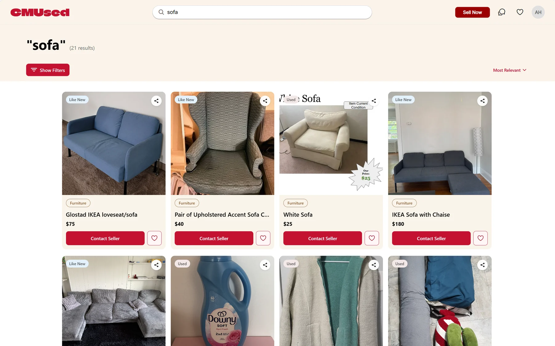CMUsed search results for “sofa”: filters for price, quality and category beside the listing cards
