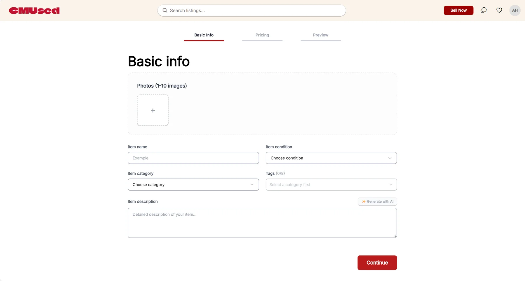 CMUsed listing flow: basic info step with photos, item details and a Generate with AI description
