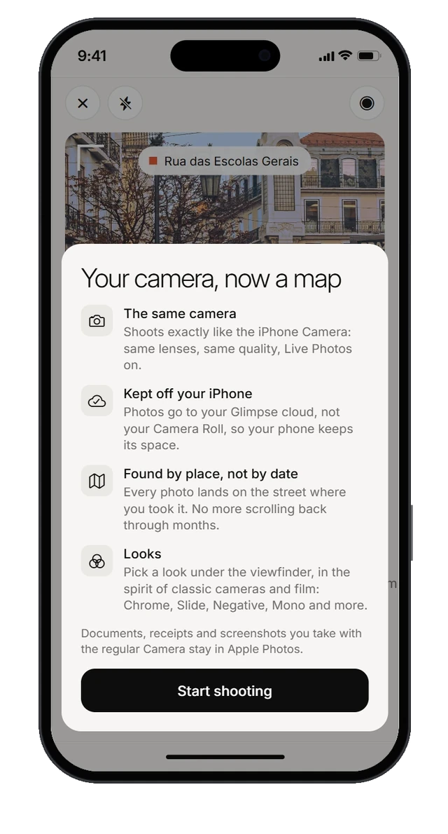 The first time the camera opens: your camera, now a map. Same camera, kept off your iPhone, found by place, looks
