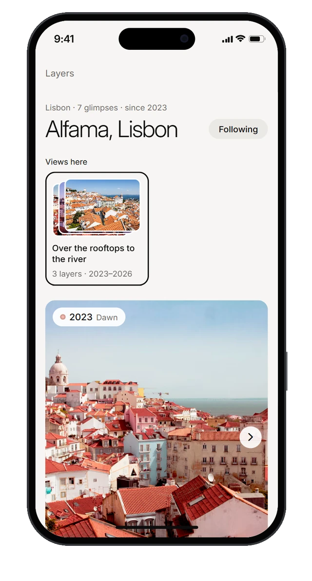 Layers: the view over the rooftops of Alfama at dawn in 2023