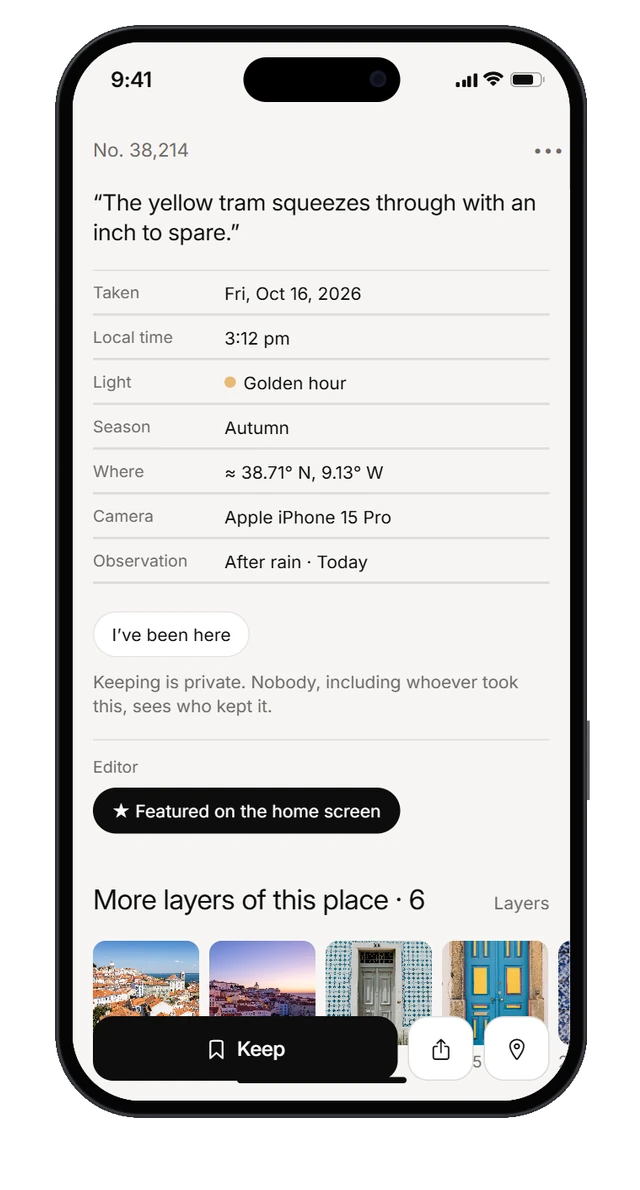 The glimpse details: date, local time, golden hour light, season, rounded location, camera, then Keep, I’ve been here, Share and Map, and more layers of the place