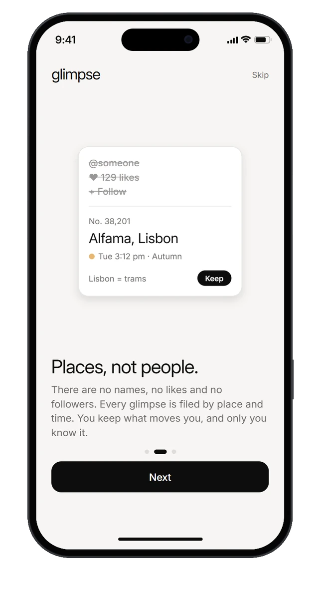 Welcome card 2: places, not people; no names, likes or followers