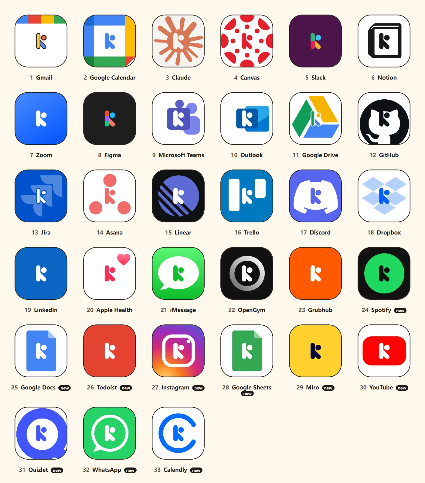 Thirty-three app icons redrawn with Kumi's K in place of each app's symbol: Gmail, Google Calendar, Claude, Canvas, Slack, Notion, Zoom, Figma, Discord and more.