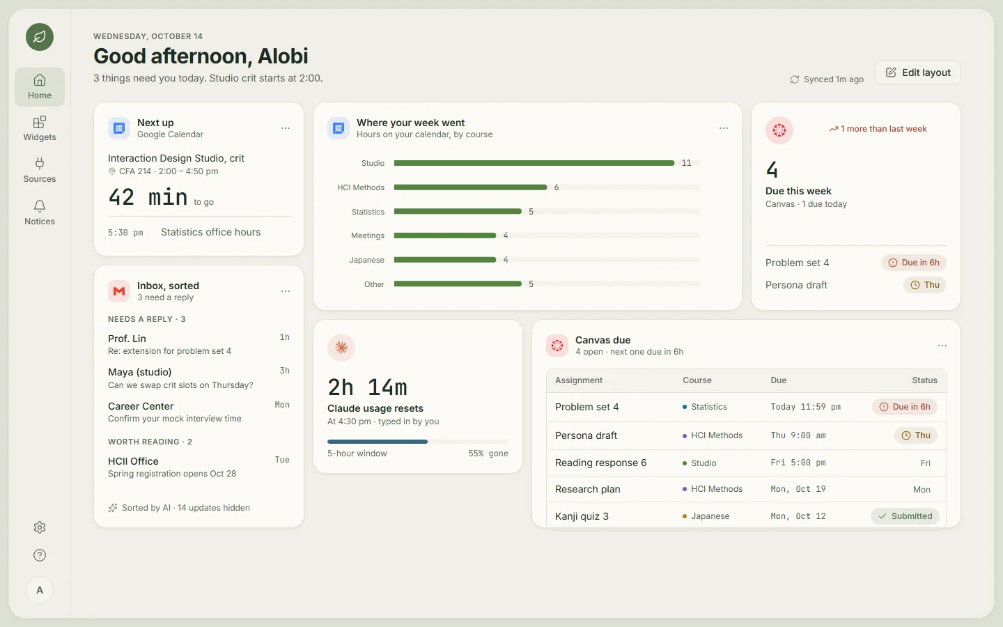 The first version: a full-screen dashboard in a sage and cream matcha theme, with a greeting, an icon rail and wide widgets.