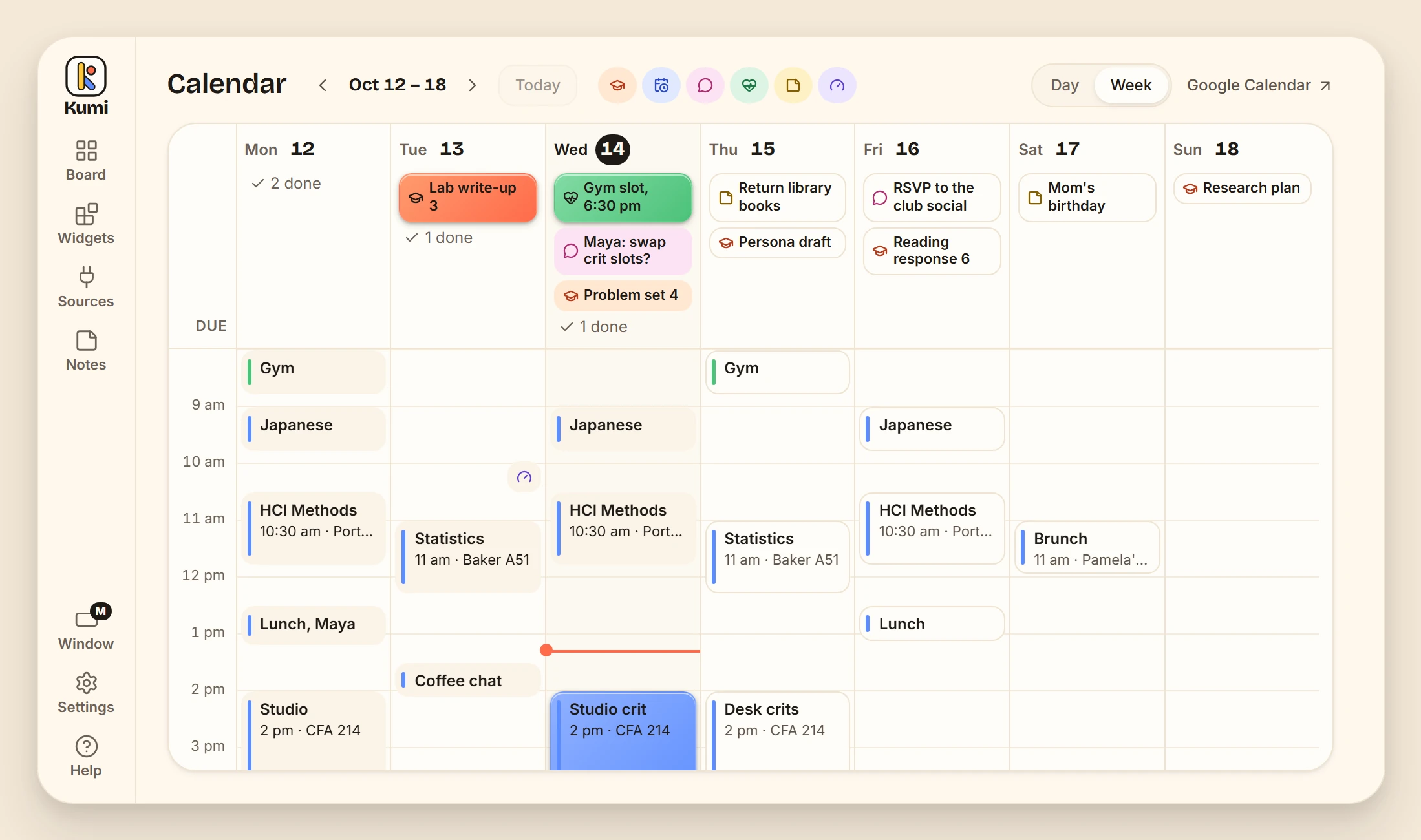 Kumi's calendar for the week of October 12, on Wednesday the 14th at 1:18 pm. Under each day, a row of what's due: Monday just says 2 done; on Tuesday Lab write-up 3 is solid red because it's a day late; today a gym slot to book within the hour is solid green, a reply to Maya and Problem set 4 are tinted because they're due today, and one thing is done; the days ahead list a library return, a persona draft, an RSVP, a reading response, Mom's birthday and a research plan, uncoloured except for their icons, and Sunday is nearly free. Below, classes, lunches and meetings sit quietly with a thin colour bar, the 2 pm crit highlighted because it starts within the hour, and a red line at now.