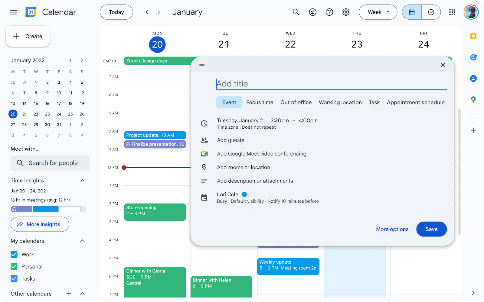 Google Calendar showing a week view and event editor.