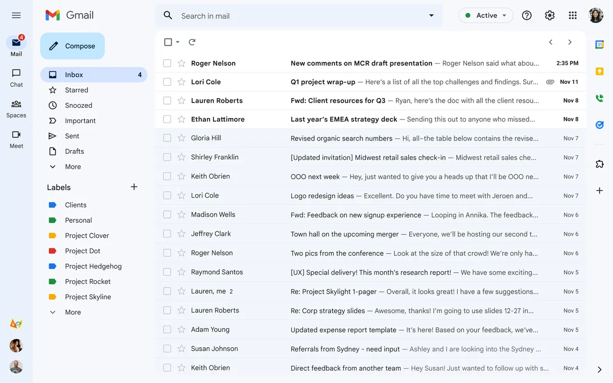 Gmail inbox showing messages and the application sidebar.